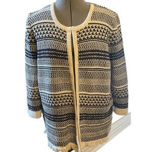 Kasper Sweater Sz-XL Black White Design Fringed Bottom White Trim All Around